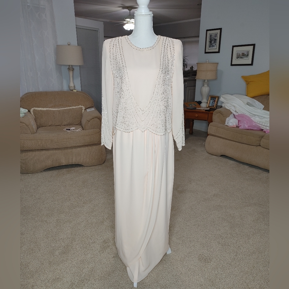 MISS ELLIETTE BEADED LIGHT PEACH DRESS, SIZE 12
